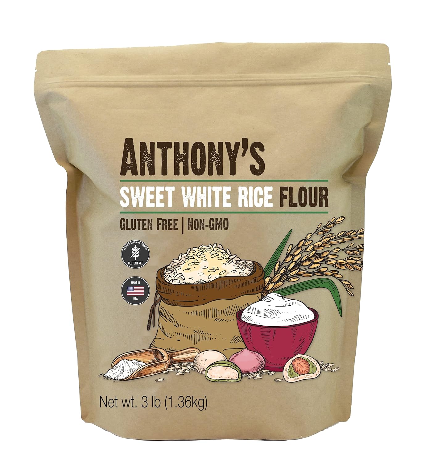 Anthony'S Sweet White Rice Flour, 3 Lb, Glutinous Rice Flour, Gluten Free, Non Gmo, Product Of The Usa