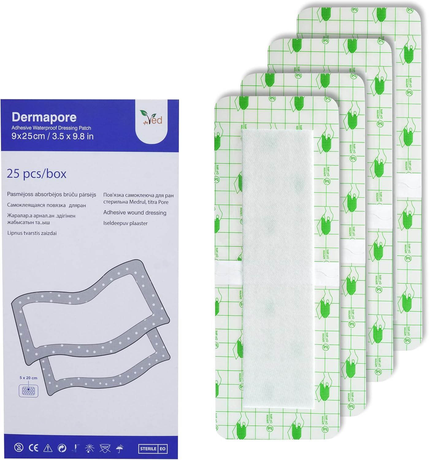 Ved Dermapore Waterproof Adhesive Wound Dressing- Suitable For Cuts And Grazes, Diabetic Leg Ulcers, Venous Leg Ulcers, Small Pressure Sores- Medium, 9 X 25Cm (Pack Of 25)