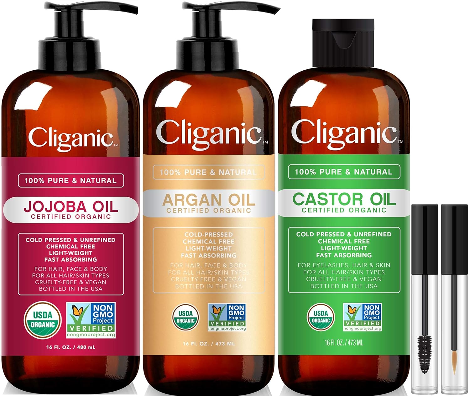 Cliganic Organic Bulk Carrier Oil Trio - Jojoba, Argan & Castor (16Oz Each)
