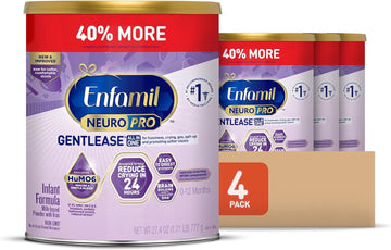 Enfamil NeuroPro Gentlease Baby Formula, Infant Formula Nutrition, Brain Support that has DHA, HuMO6 Immune Blend, Designed to Reduce Fussiness, Crying, Gas & Spit-up in 24 Hrs, has Prebiotics to Promote Softer Stools, 27.4 Oz, 4 Cans