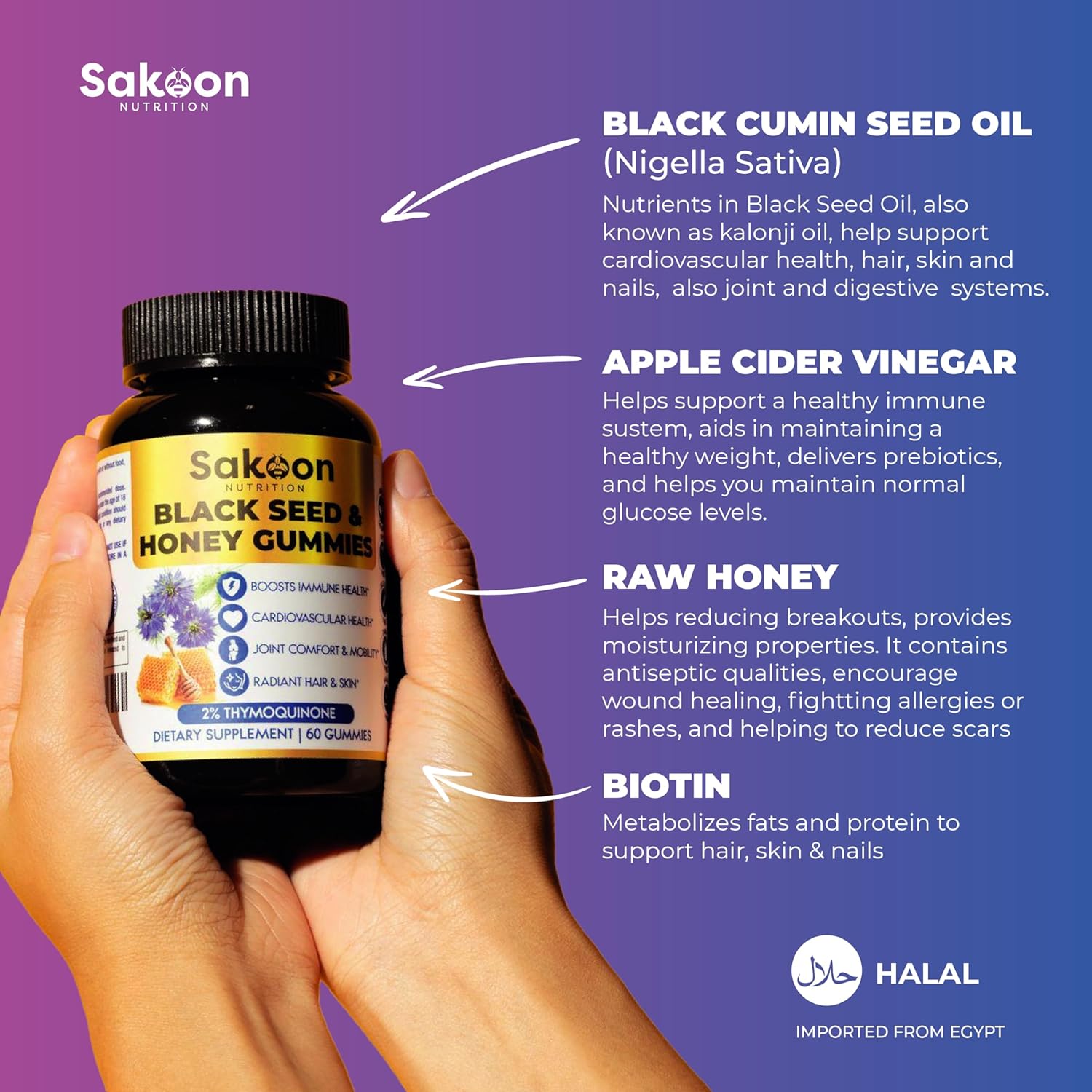 Sakoon nutrition Black Seed Oil & Honey Gummies W/ 2%+ THYMOQUINONE | Nigella Sativa Seeds| Super antioxidant for Immune Support, Joints, Digestion, Hair & Skin | 60 Gummies : Health & Household