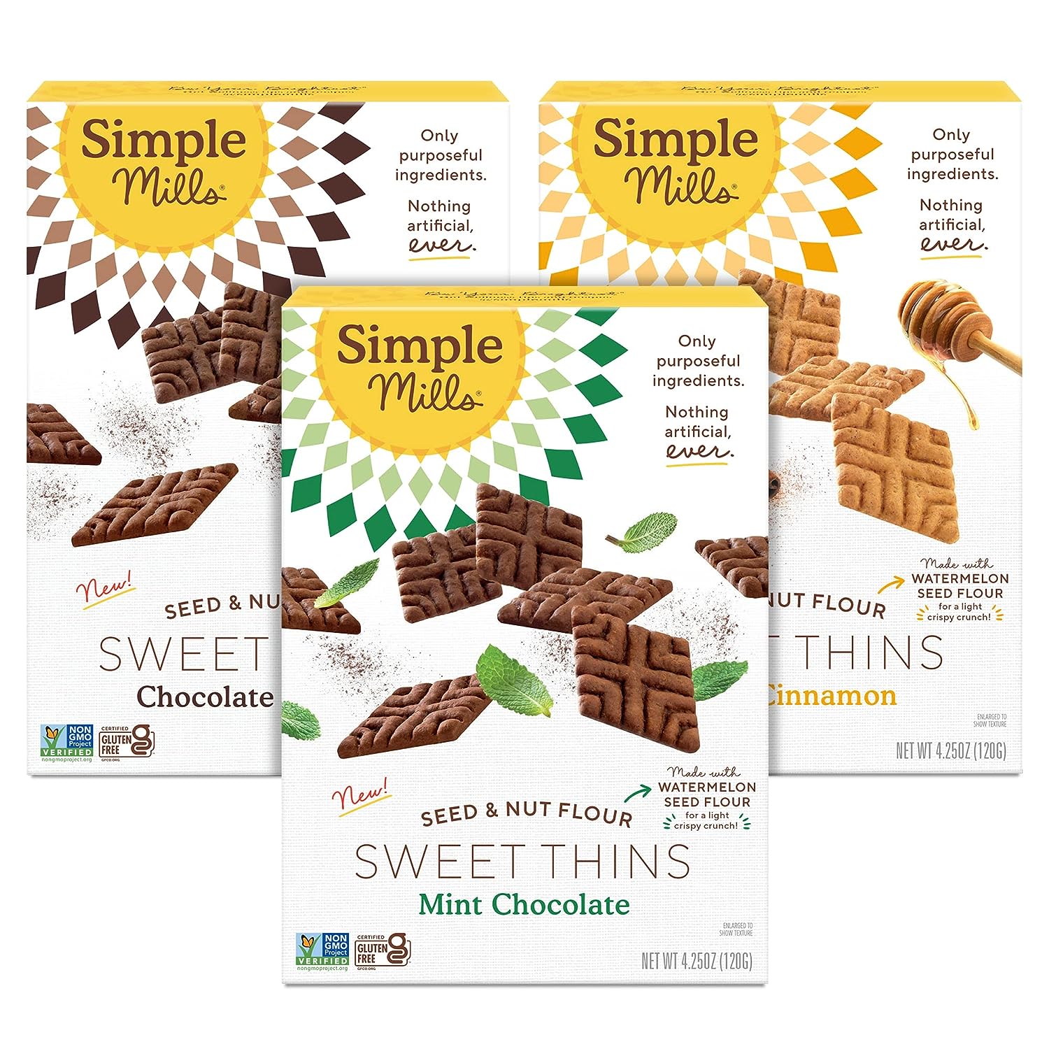 Simple Mills Sweet Thins Cookies Variety Pack, Seed and Nut Flour (Mint Chocolate Chip, Honey Cinnamon, Chocolate Brownie) - Gluten Free, Paleo Friendly, Healthy Snacks, 4.25 Ounce (Pack of 3)