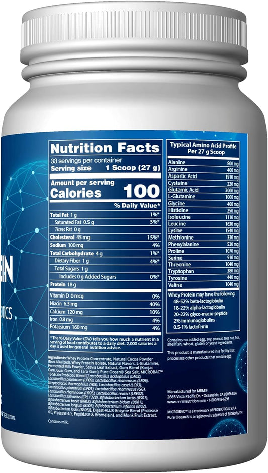 MRM Nutrition Whey Protein | Chocolate Flavored |18g Protein | with 2 Billion probiotics + Digestive enzymes + BCAAs | High Absorption + Digestion | Hormone + antibiotic Free | 33 Servings : Health & Household