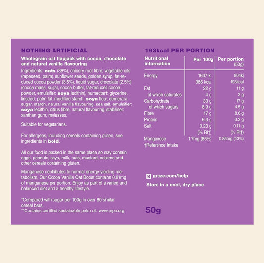 Graze Cocoa Vanilla Oat Flapjacks, Vegetarian Healthy Snacks, High In Fibre, 3 Bars Per Punnet, Whole Oats & Natural Flavours - Packaging May Vary - (18 X 50G Snacks)