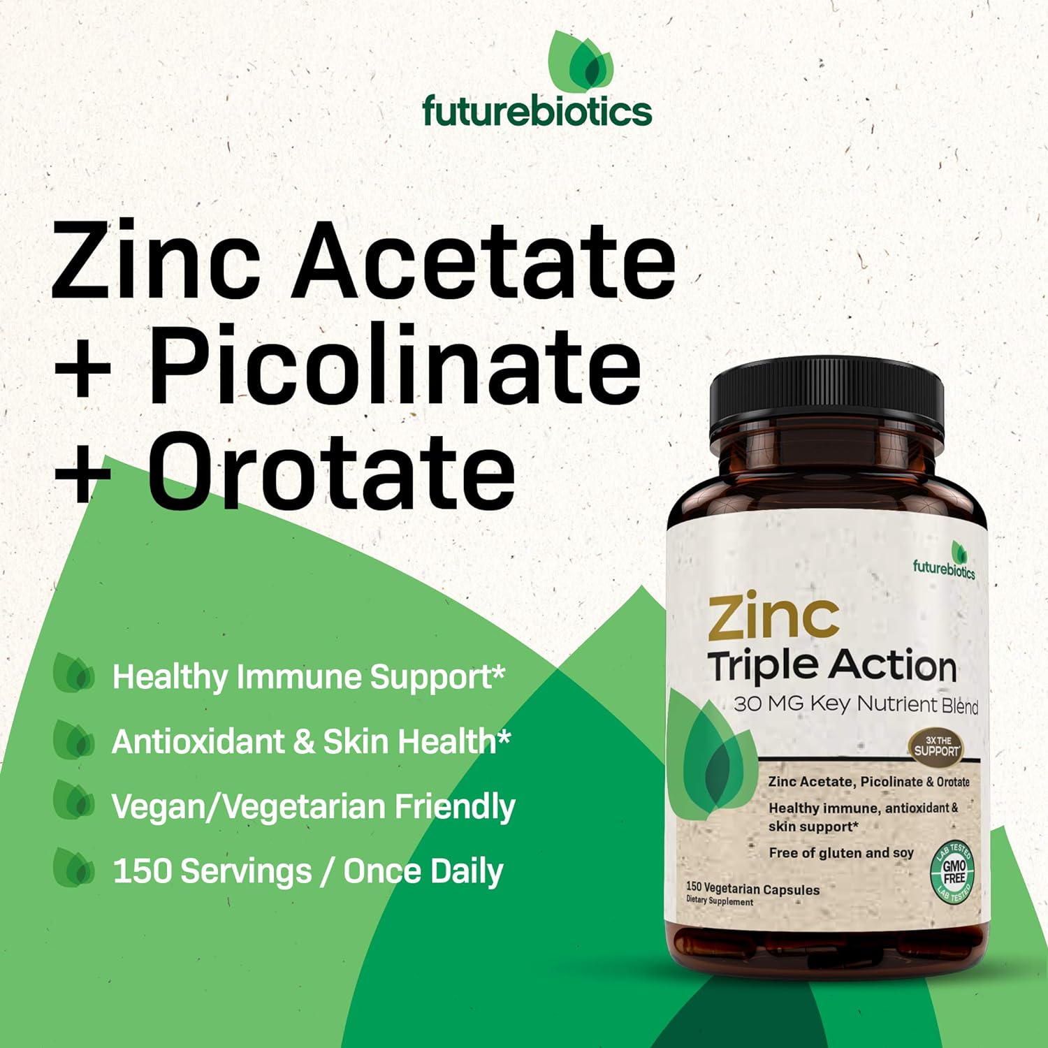 Futurebiotics Zinc Triple Action 30mg Key Nutrient Blend Immune Suppor