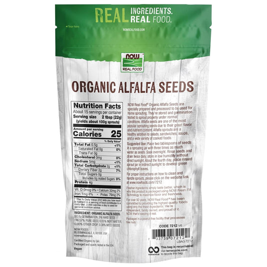 NOW Foods, Organic Alfalfa Seeds For Sprouting, Grown in the USA, Certified Non-GMO, 12- (Packaging May Vary)