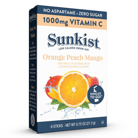 Sunkist Singles To Go Drink Mix Packets, Orange Peach Mango, 6-Count Per Box – Powdered Drink Packets With 1000Mg Of Vitamin C Per Serving, Zero Sugar Water Enhancers, 72 Total Powder Sticks