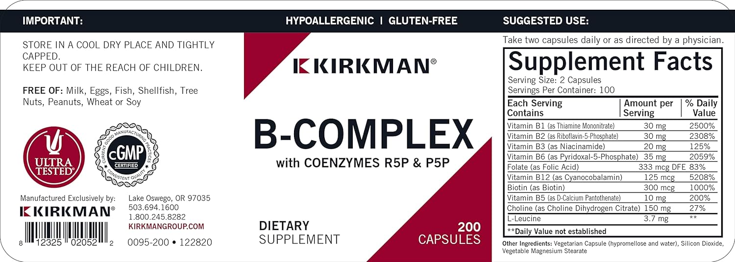 Kirkman B-Complex with CoEnzymes R5P & P5P - Hypoallergenic - 200 Vegetarian Capsules : Health & Household