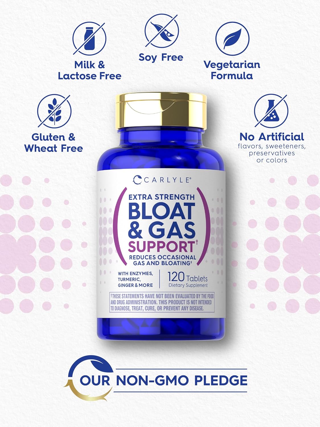 Carlyle Bloat & Gas Support for Men & Women | 120 Tablets | Extra Strength Pills | Supplement with Enzymes, Turmeric, Ginger & More | Non-GMO & Vegetarian Formula : Health & Household