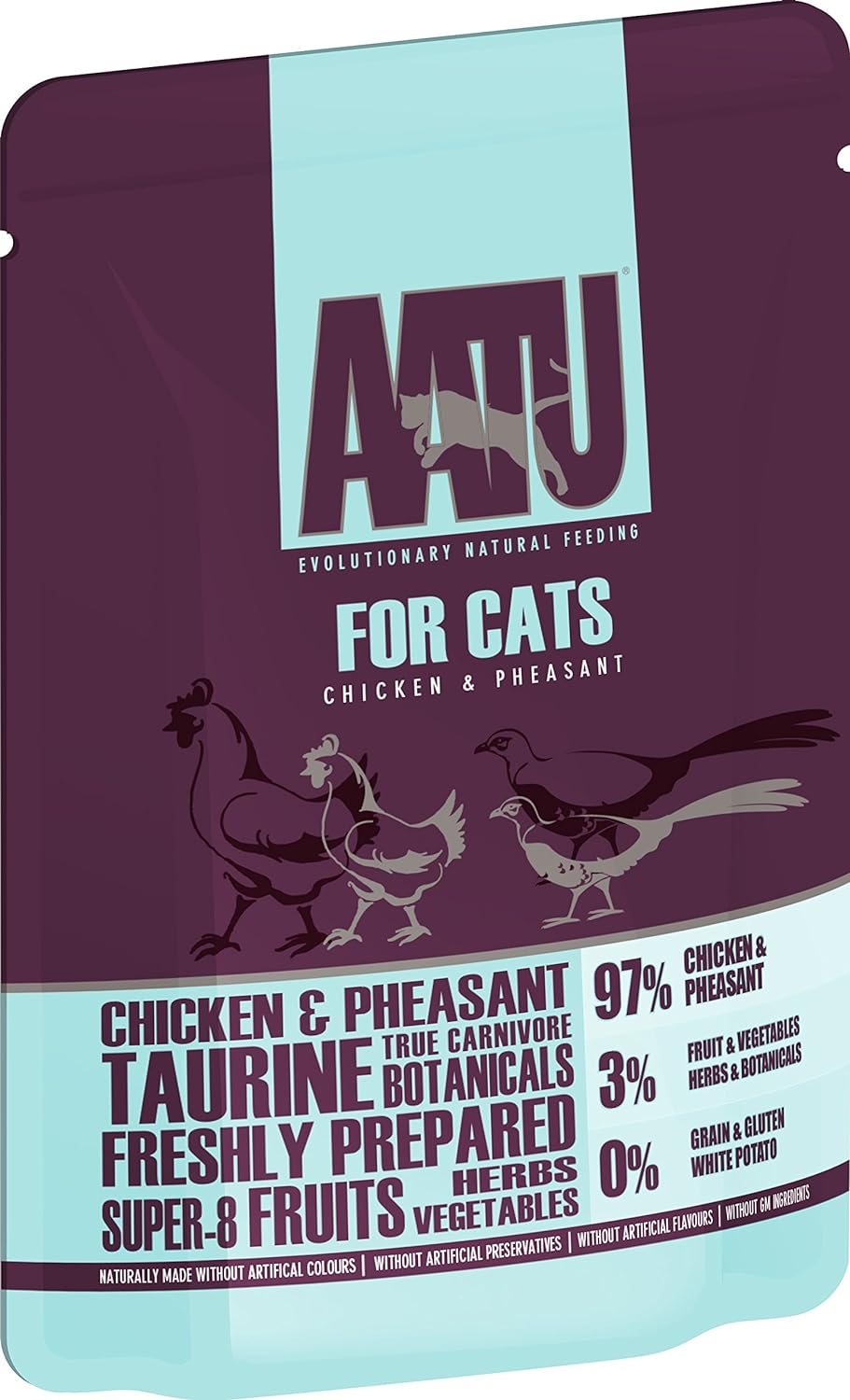 AATU 97/3 Wet Cat Food - Chicken & Pheasant (10x85g) - Grain Free Recipe with No Artificial Ingredients - Easy Tear Pouches?WACCP85