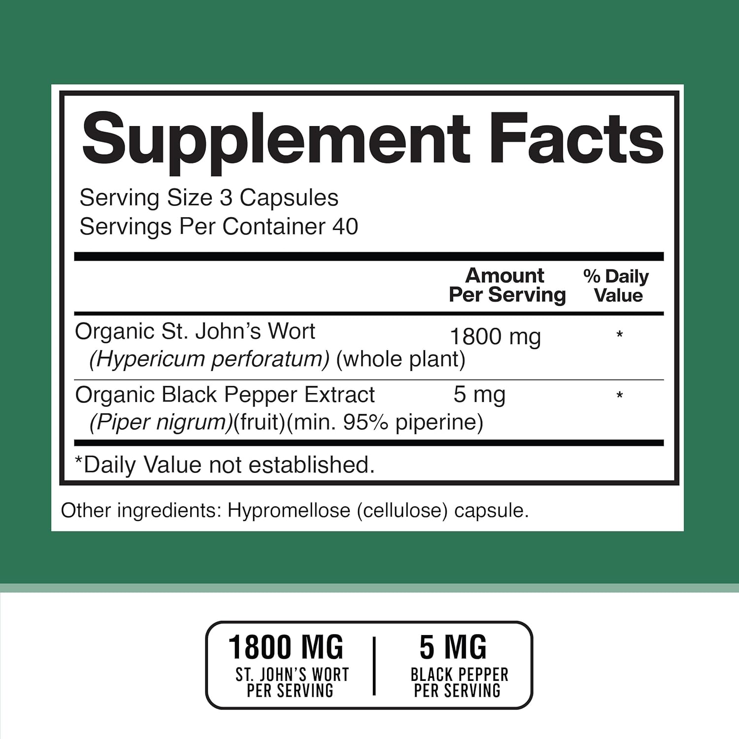 American Standard Supplements St. John’S Wort 1800Mg Per Serving With Black Pepper Fruit Extract - Vegan, Gluten Free, Non-Gmo, 120 Capsules, 40 Servings