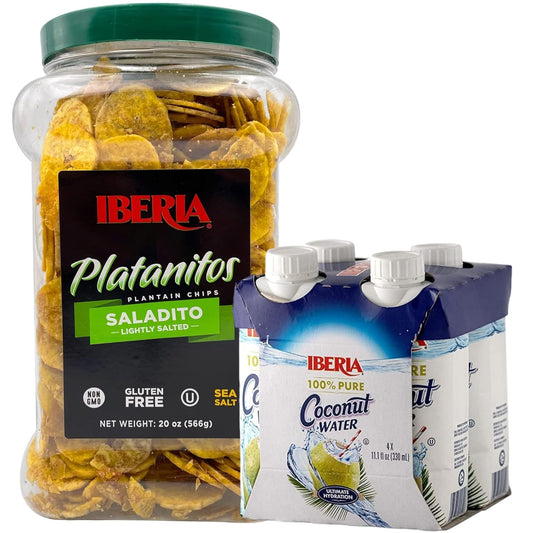 Iberia Lightly Salted Plantain Chips, 20 Oz. + Iberia 100% Natural Coconut Water 11.1 Oz (Pack Of 4) : Everything Else