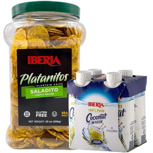 Iberia Lightly Salted Plantain Chips, 20 Oz. + Iberia 100% Natural Coconut Water 11.1 Oz (Pack Of 4)