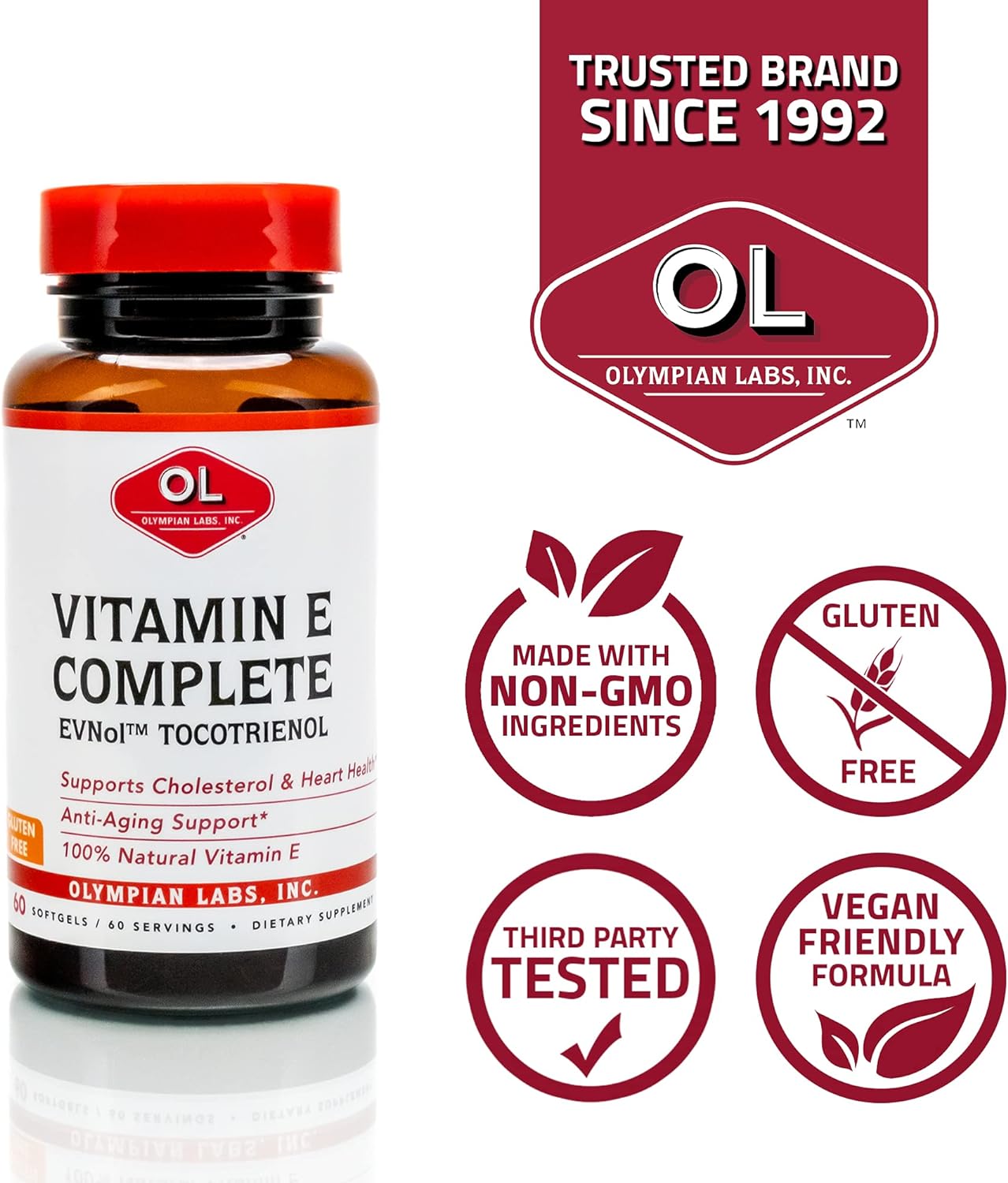 Olympian Labs Vitamin E Complete Tocomin, 200IU 60 Softgels, Fight Free Radicals, Supports Brain, Skin & Hair, 60 Servings : Health & Household