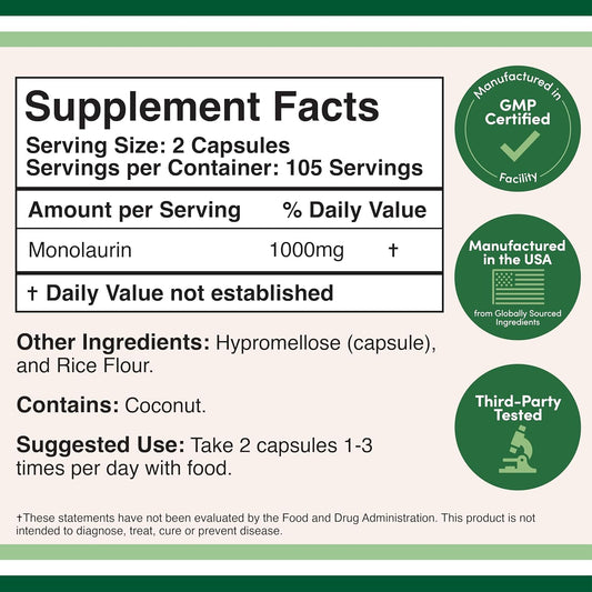 Monolaurin Immune Support Supplement 1,000Mg Per Serving, 210 Capsules (Vegan Safe, Non-Gmo, Gluten Free) Immune Booster For Adults, Immune System Defense By Double Wood
