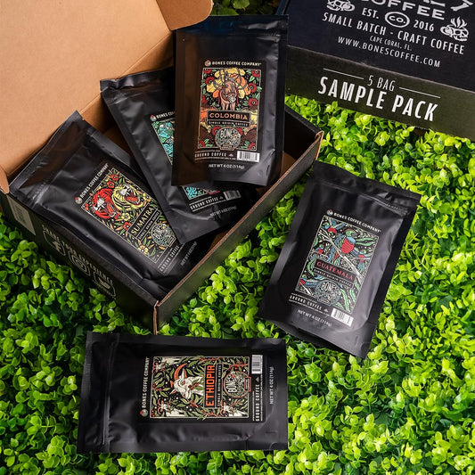 Bones Coffee Company NEW World Tour Sample Pack | Whole Coffee Beans Sampler Gift Box Set | 4 oz Pack of 5 Assorted Single-Origin Gourmet Coffee Gifts | Medium Roast Coffee Beverages (Whole Bean)