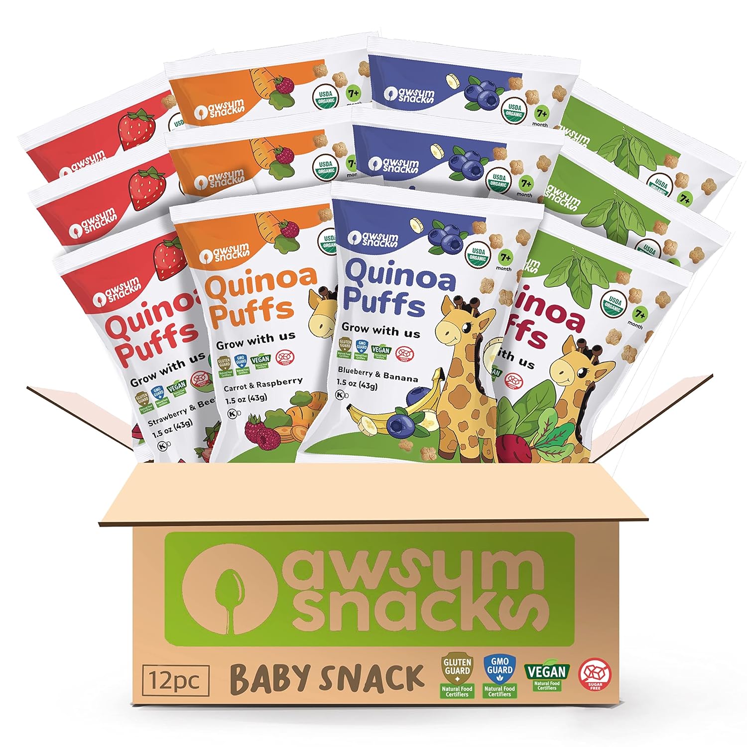 Awsum Snacks Variety Baby Puffs - Happy Healthy Baby Snack - Natural Plant Based Puffed Snacks - Certified Usda Organic Kosher Non Gmo Gluten Free Vegan - No Added Sugar - Non-Allergy (12 1.5Oz Bags)