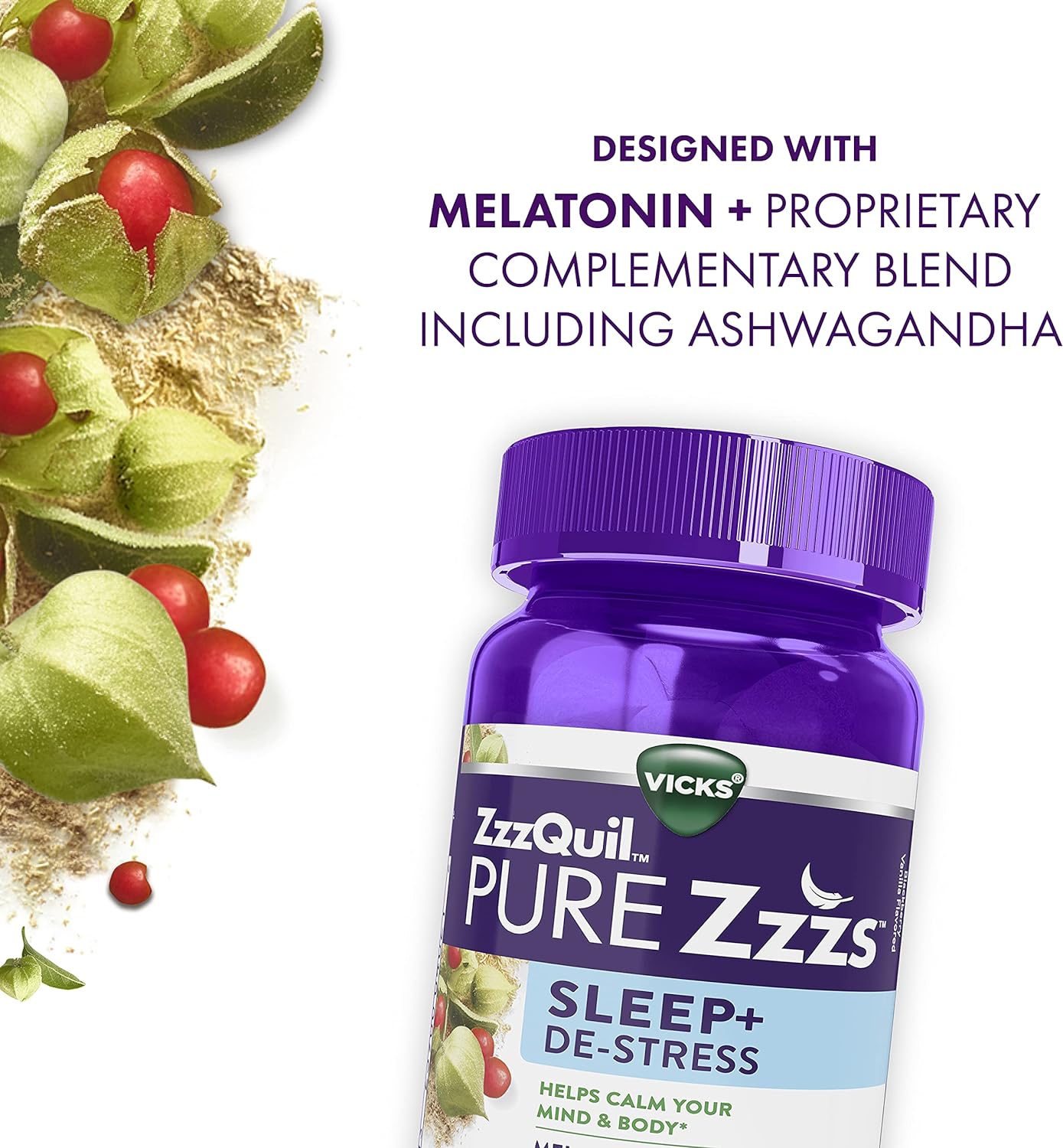 ZzzQuil PURE Zzzs De-Stress Melatonin Sleep Aid Gummies, Helps Calm Your Mind and Body, Ashwagandha for Stress Support, Sleep Aids for Adults, 1 mg per gummy, 60 Count : Health & Household