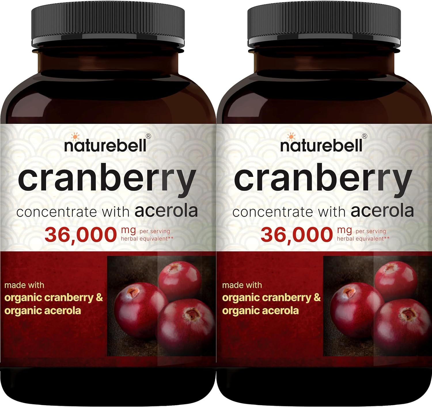 Naturebell 2 Pack Cranberry Pills 36,000Mg With Acerola | 100:1 Fresh Cranberries Extract – Organic Ingredients – Supports Urinary Tract Health – Sugar Free