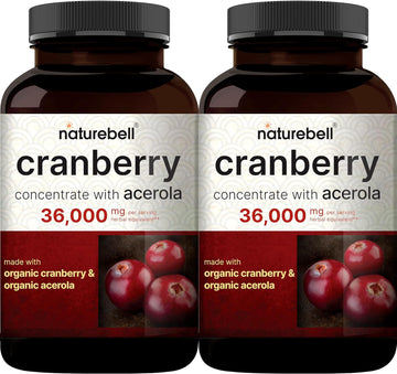 Naturebell 2 Pack Cranberry Pills 36,000Mg With Acerola | 100:1 Fresh Cranberries Extract – Organic Ingredients – Supports Urinary Tract Health – Sugar Free