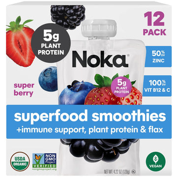 Noka Superfood Fruit Smoothie Pouches, Super Berry With Immune Support, Healthy Snacks With Elderberry, Flax Seed, Plant Protein, And Prebiotic Fiber, Gluten Free And Vegan, 4.22 Oz, 12 Count