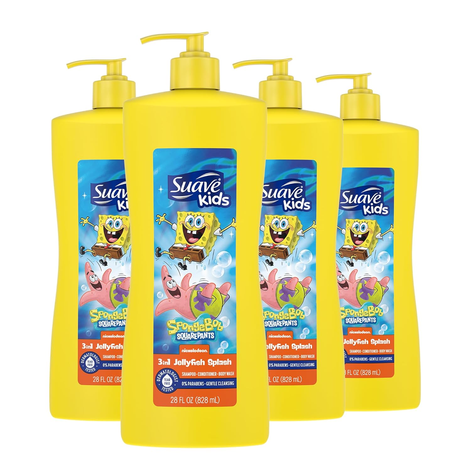 Suave Kids 3-In-1 Spongebob, Tear Free, Body Wash, Shampoo And Conditioners, Dermatologist Tested, 28 Oz Pack Of 4