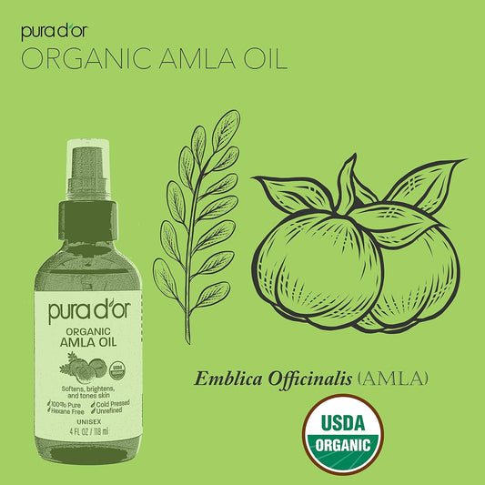 Pura D'Or 4 Oz Organic Amla Oil, 100% Pure Usda Certified Premium Grade Oil, Cold Pressed, Unrefined, Extra Virgin, Indian Hair Care Oil, Hair Serum & Thickening Hair Product W/Pump For Women & Men