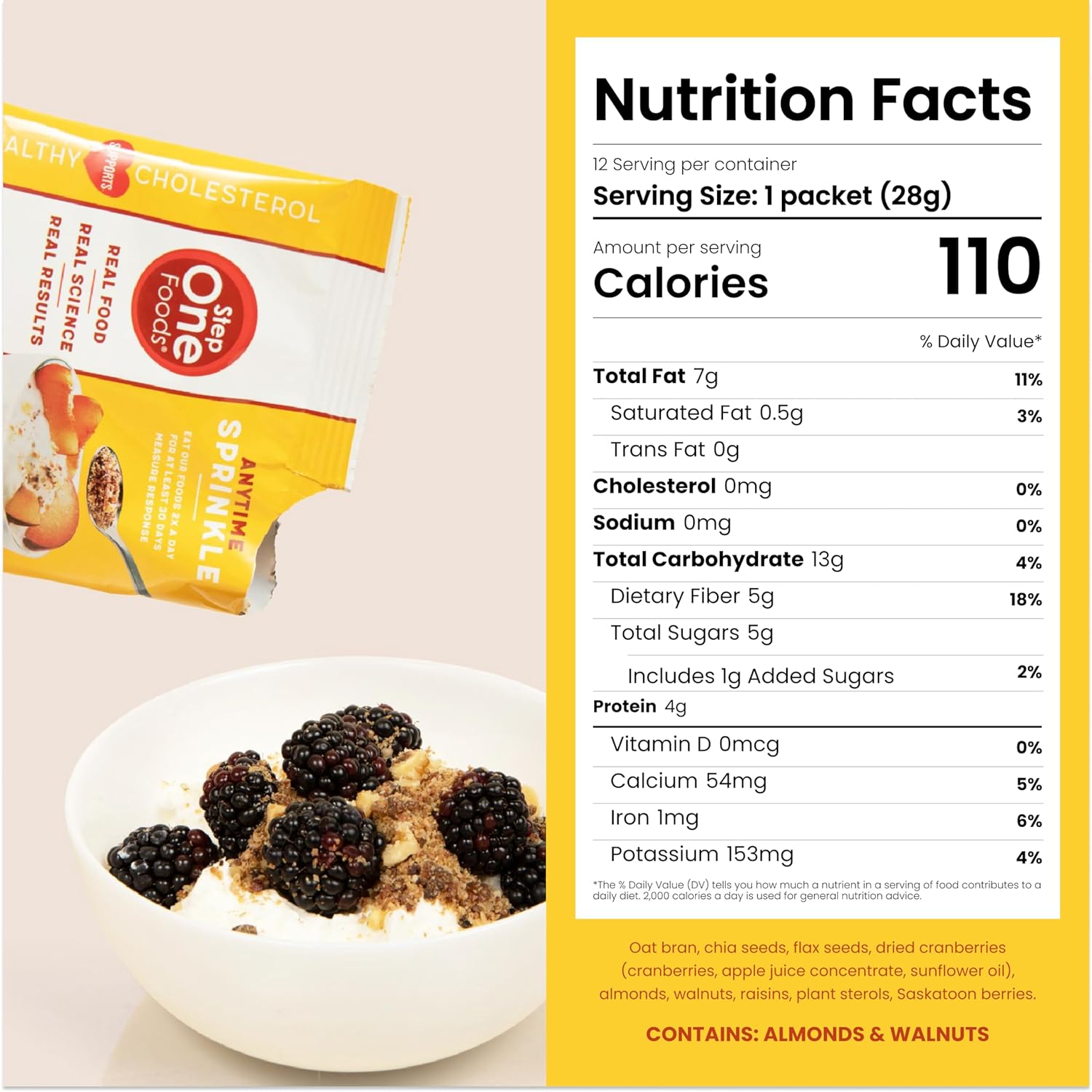 Step One Foods Anytime Sprinkle, Heart Healthy Snack Plant Sterols, Omega 3's and Dietary Fiber Gluten Free Vegan Granola (12 Pack) : Health & Household