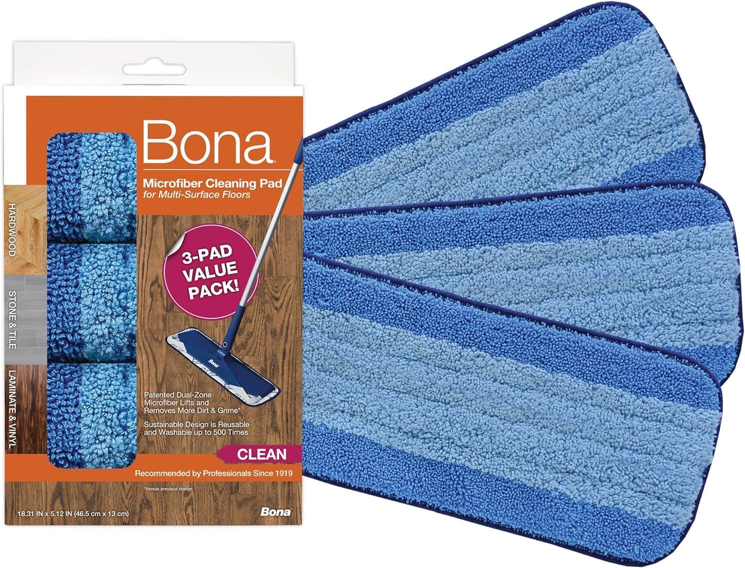 Bona Mop Microfiber Cleaning Pad for Hardwood & Hard Surface Floors - Value 3-Pack - For Use With Bona Mops - Dual Zone Cleaning