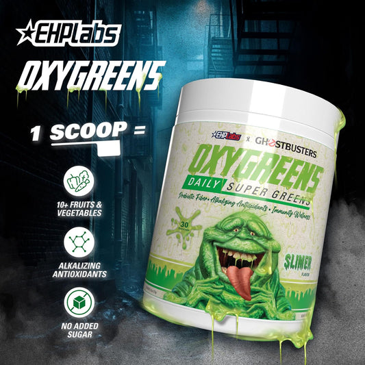 EHPlabs x Ghostbusters OxyGreens Super Greens Powder - Spirulina & Chlorella Superfood, Green Juice Powder with Prebiotic Fibre, Antioxidants & Immunity Support, 30 Serves (Slimer Lime)