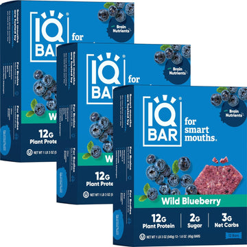 Iqbar Brain And Body Plant Protein Bars - Wild Blueberry - 36 Count, Low Carb, High Fiber, Gluten Free, Healthy Vegan Snacks - Low Sugar Keto Bar Pack