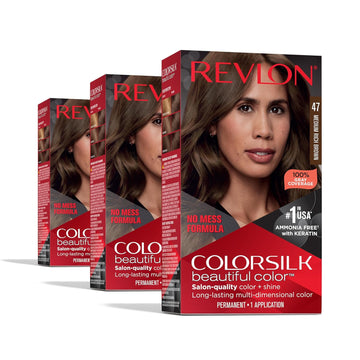 Revlon Colorsilk Beautiful Color Permanent Hair Color, Long-Lasting High-Definition Color, Shine & Silky Softness With 100% Gray Coverage, Ammonia Free, 47 Medium Rich Brown, 3 Pack