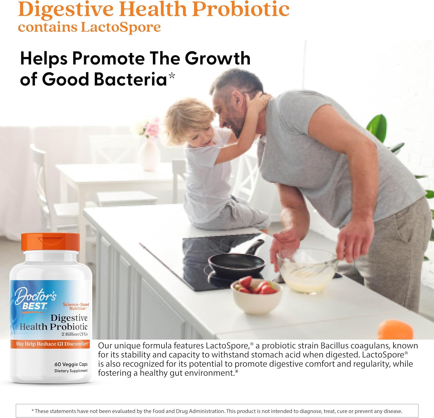 Doctor'S Best Digestive Health Probiotic 2 Billion With Lactospore, Non-Gmo, Vegan, Gluten Free, Soy Free, 60 Veggie Caps (Drb-00464) : Health & Household