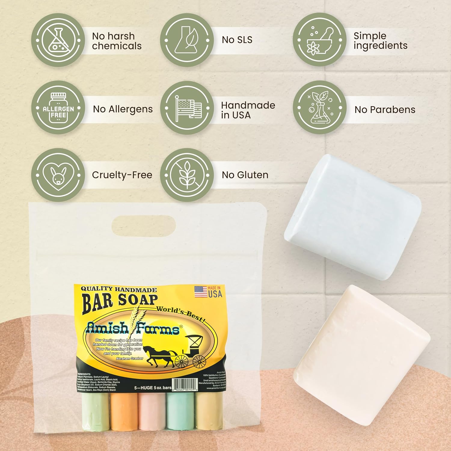 Amish Farms Soap Bar With All Natural Bentonite Clay | Made In Usa, Vegan Moisturizing For Sensitive Skin | Women & Mens Face & Body Bath Soap For Shower | Clean Scent | 5 Ounce Each (5 Bars) : Beauty & Personal Care