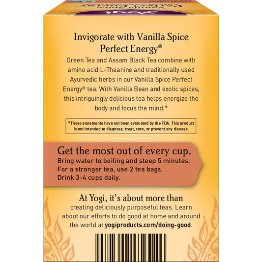 Yogi Tea Vanilla Spice Perfect Energy Tea - 16 Tea Bags Per Pack (4 Packs) - Organic Vanilla Energy Tea - Focus Tea - Includes Green Tea, Black Tea, Ashwagandha, L-Theanine & More