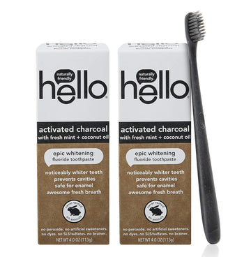 Hello Activated Charcoal Epic Teeth Whitening Fluoride Toothpaste and Toothbrush, Fresh Mint and Coconut Oil, Vegan, SLS Free, Gluten Free and Peroxide Free, 2 Count (Pack of 1) : Health & Household