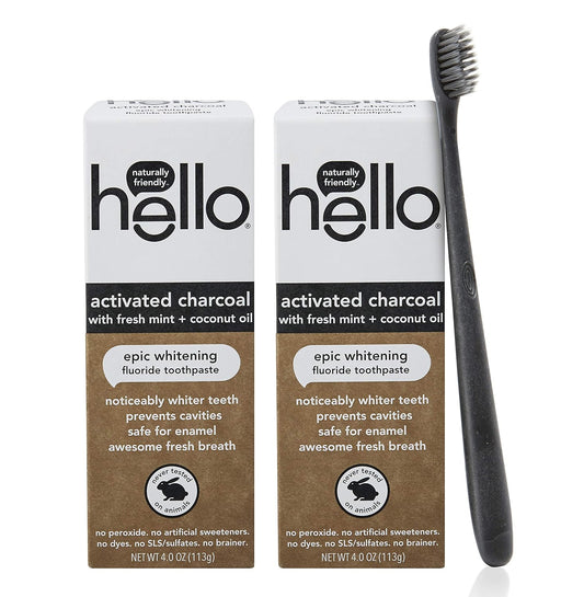 Hello Activated Charcoal Epic Teeth Whitening Fluoride Toothpaste and Toothbrush, Fresh Mint and Coconut Oil, Vegan, SLS Free, Gluten Free and Peroxide Free, 2 Count (Pack of 1) : Health & Household