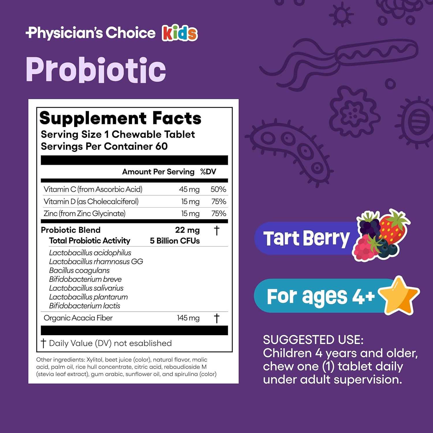 Physician'S Choice Probiotics For Kids - 7 Diverse Strains, Organic Prebiotics, Vitamins & Minerals - Clinically Studied L. Rhamnosus - Immune & Digestive Support - No Sugar Or Artificial Dyes - 60Ct