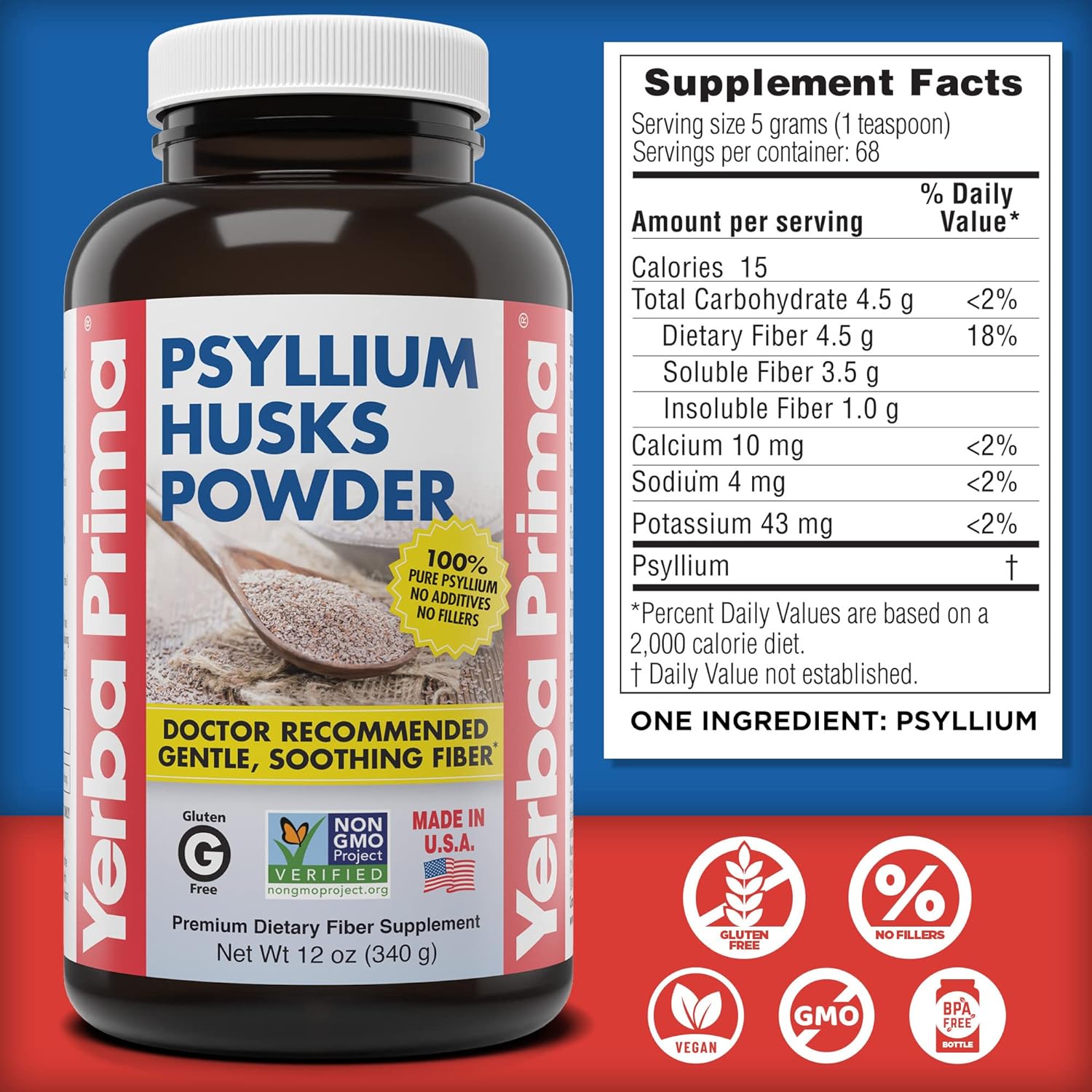 Yerba Prima Psyllium Husks Powder 12 oz - Natural Fiber Supplement - Colon Cleanser - Gut Health - Vegan, Non-GMO, Gluten-Free (New Label - Packaging May Vary)