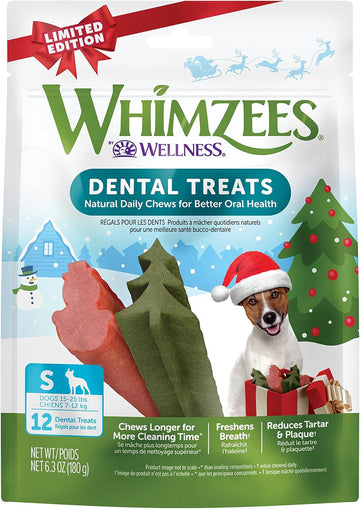 Whimzees By Wellness Holiday Natural Dental Chews For Dogs, Long Lasting Treats, Grain-Free, Freshens Breath, Small Breed, 12 Count