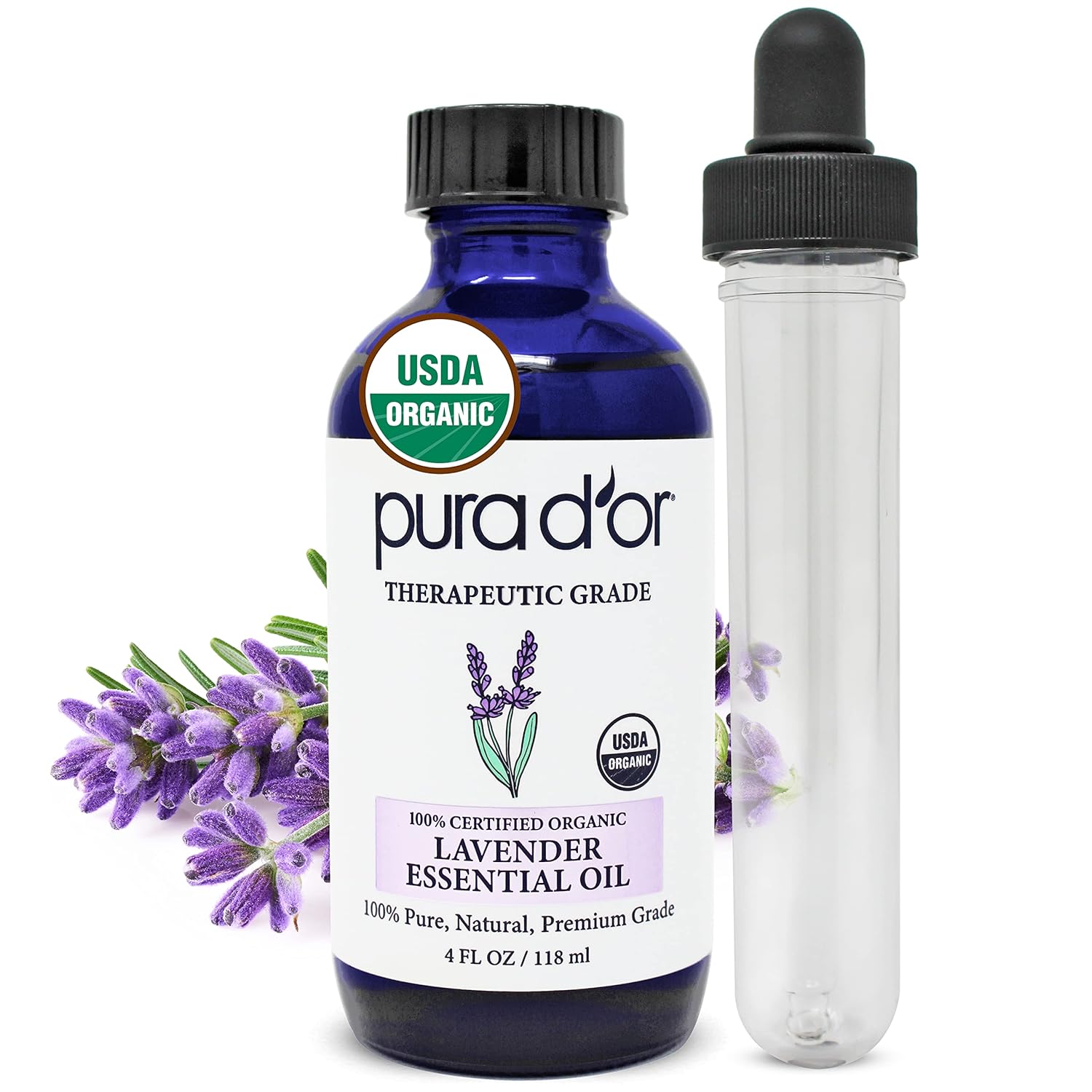 Pura D'Or Organic Lavender Essential Oil (4Oz With Glass Dropper) 100% Pure & Natural Therapeutic Grade For Hair, Body, Skin, Aromatherapy Diffuser, Relaxation, Meditation, Massage, Home, Diy Soap