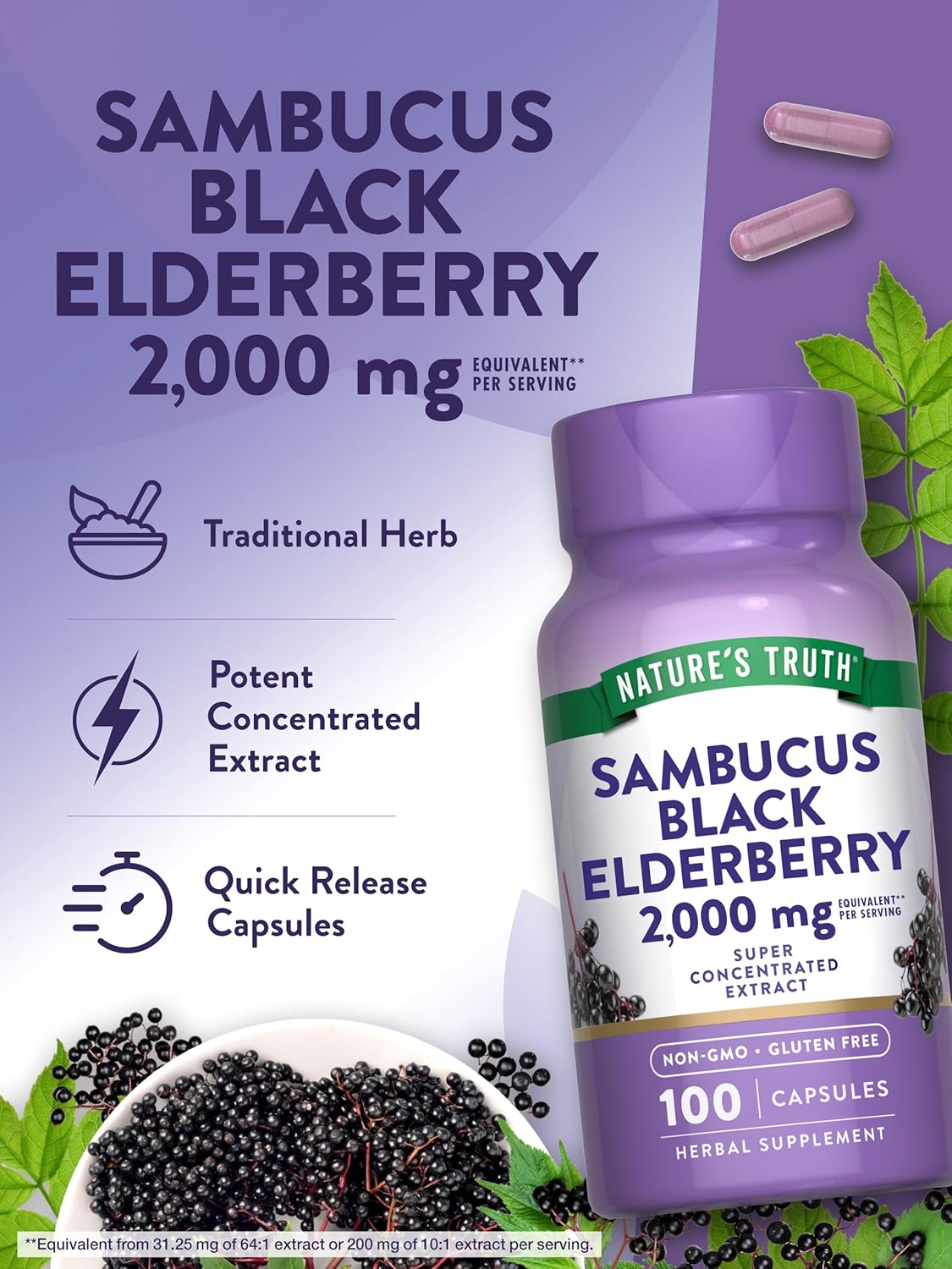 Nature's Truth Black Elderberry Capsules | 100 Count | Super Concentrated Sambucus Extract | Non-GMO and Gluten Free Supplement : Health & Household