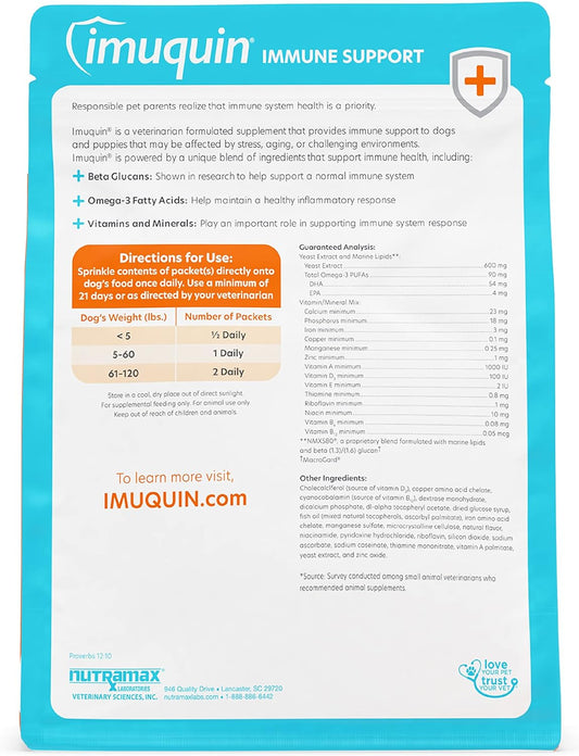 Nutramax Laboratories Nutramax Imuquin Immune Health Supplement Powder For Dogs, With Beta Glucans, Marine Lipids, Vitamins And Minerals, 30 Packets, Updated Version