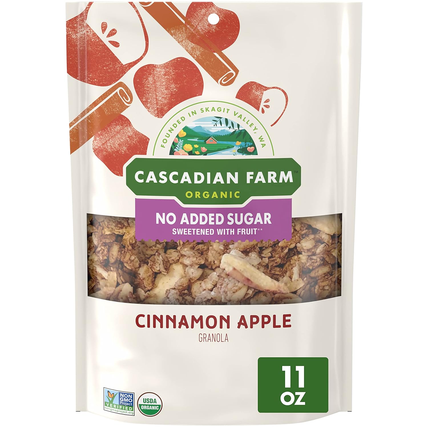 Cascadian Farm Organic Granola with No Added Sugar, Cinnamon Apple Cereal, Resealable Pouch, 11 oz