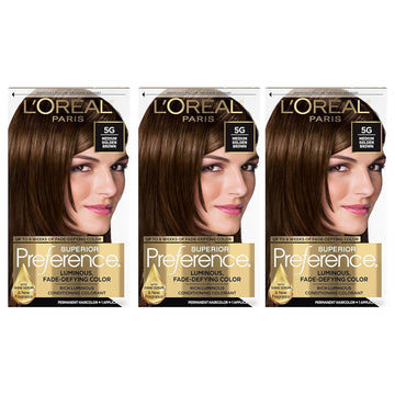 L'Oreal Paris Superior Preference Luminous Fade-Defying Permanent Hair Color, Hair Dye For Up To 9 Weeks Of Radiance, Medium Golden Brown 5G, 1 Hair Dye Kit (Pack Of 3)