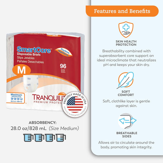 Tranquility Smartcore Adult Disposable Briefs, Incontinence Control With Breathable Kufguard Technology, Fastening Tabs & Wetness Indicator, Latex-Free, Adult Medium, 28Oz Capacity, 96Ct Case