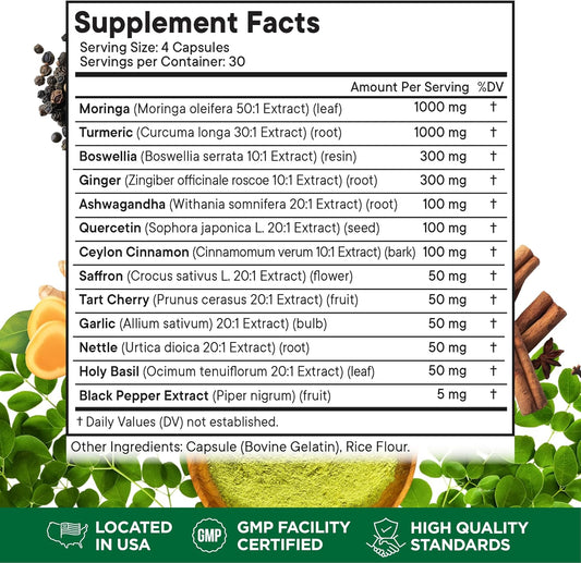 Turmeric Moringa 50000Mg Supplement | Ginger Boswellia 3000Mg Saffron 2000Mg Holy Basil- Joint Support Supplement For Women And Men With Ceylon Cinnamon, Quercetin, Tart Cherry- 360 Count