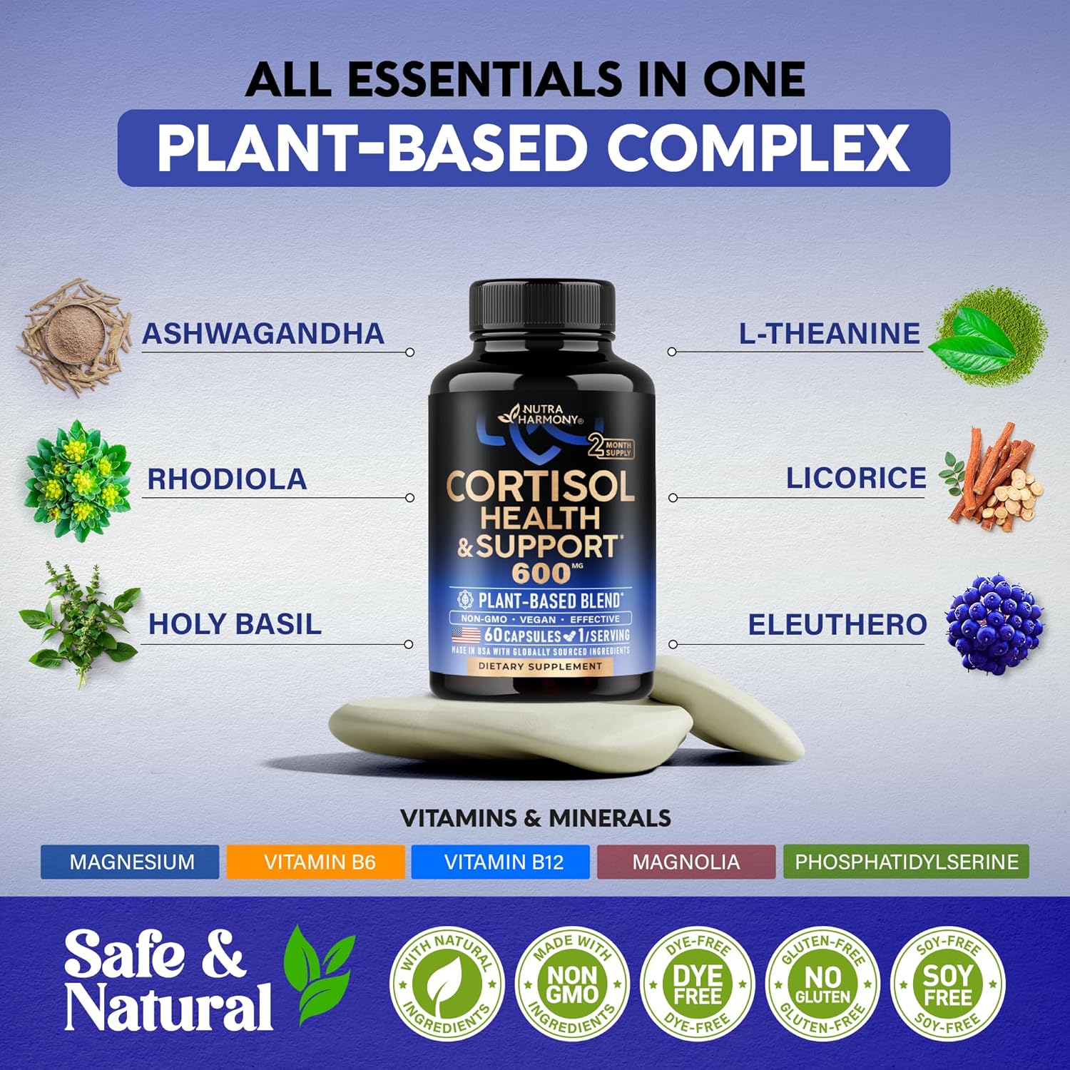 Cortisol Supplement For Women - Holy Basil | Ashwagandha | Rhodiola | L-Theanine - Plant-Based Hormone Balance - Mood, Focus & Sleep Support - Made In Usa - Vegan, Non-Gmo - 60 Capsules For 2 Months : Health & Household