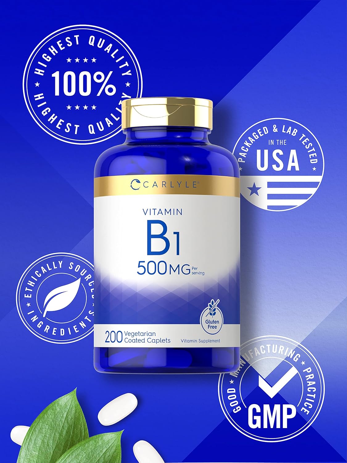 Carlyle Vitamin B1 500mg (Thiamine) | 200 Vegetarian Caplets | Non-GMO and Gluten Free Supplement : Health & Household