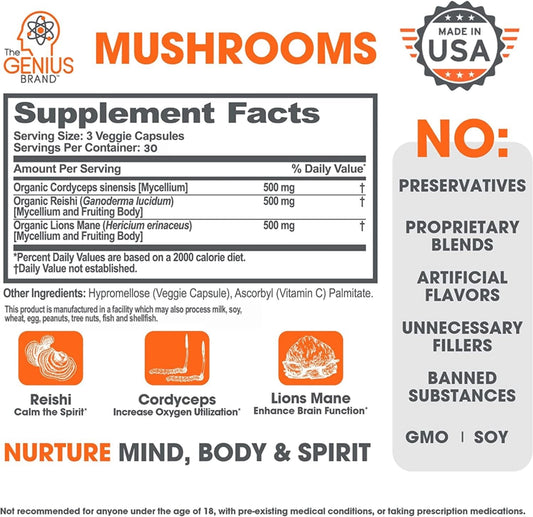 Genius Mushroom Supplement - Lions Mane, Cordyceps, Reishi - Brain Nootropic For Energy, Focus, Overall Wellness, & Immune Support, - 90 Veggie Pills